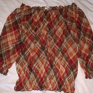 Sheer Ruched Neck Plaid Blouse